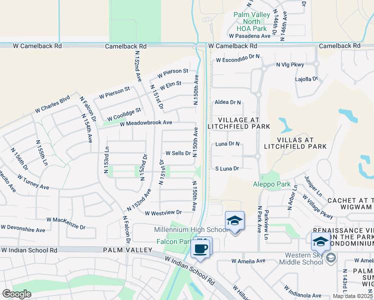 map of restaurants, bars, coffee shops, grocery stores, and more near 15045 Campbell Avenue in Goodyear