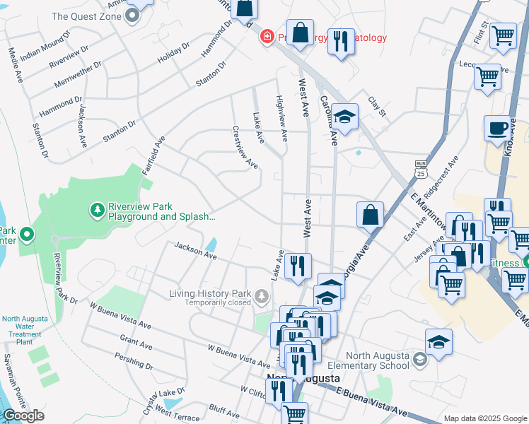 map of restaurants, bars, coffee shops, grocery stores, and more near 411 West Woodlawn Avenue in North Augusta