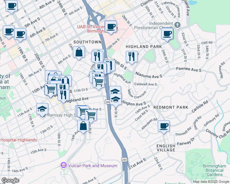 map of restaurants, bars, coffee shops, grocery stores, and more near 1236 22nd Street South in Birmingham
