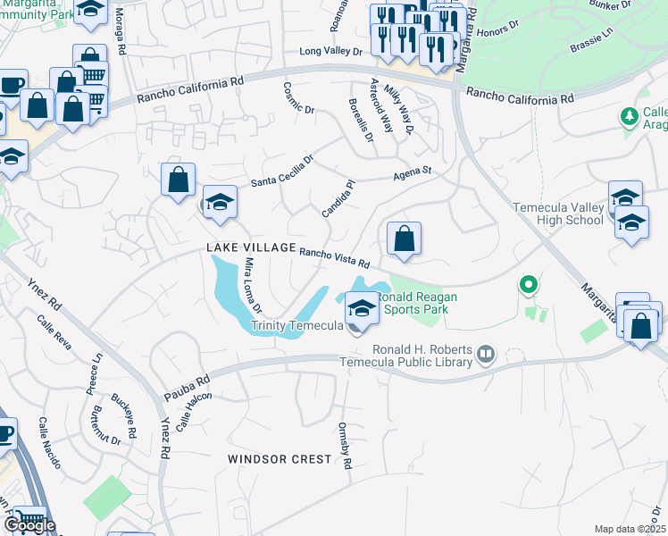 map of restaurants, bars, coffee shops, grocery stores, and more near 30380 Calle Sonora in Temecula