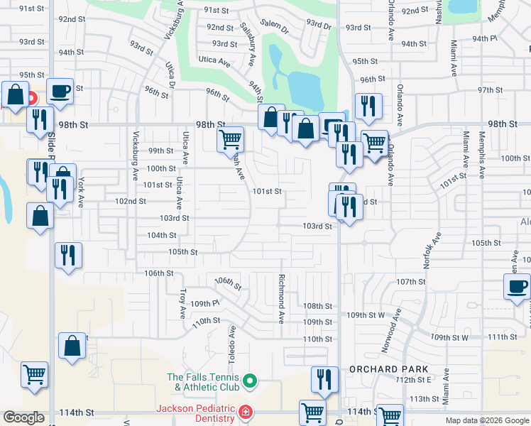 map of restaurants, bars, coffee shops, grocery stores, and more near 4512 102nd Street in Lubbock