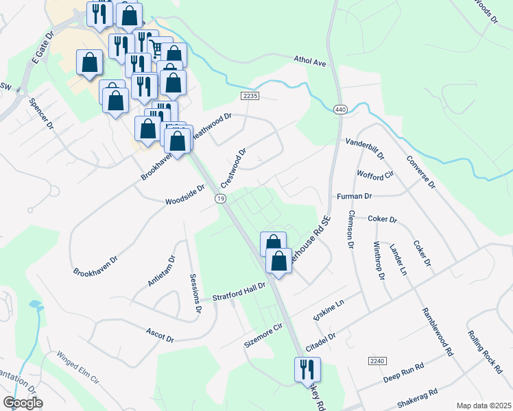 map of restaurants, bars, coffee shops, grocery stores, and more near 2820 Whiskey Road in Aiken