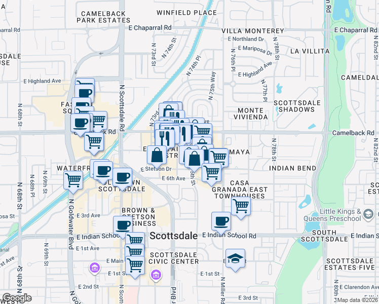 map of restaurants, bars, coffee shops, grocery stores, and more near 4422 North 75th Street in Scottsdale