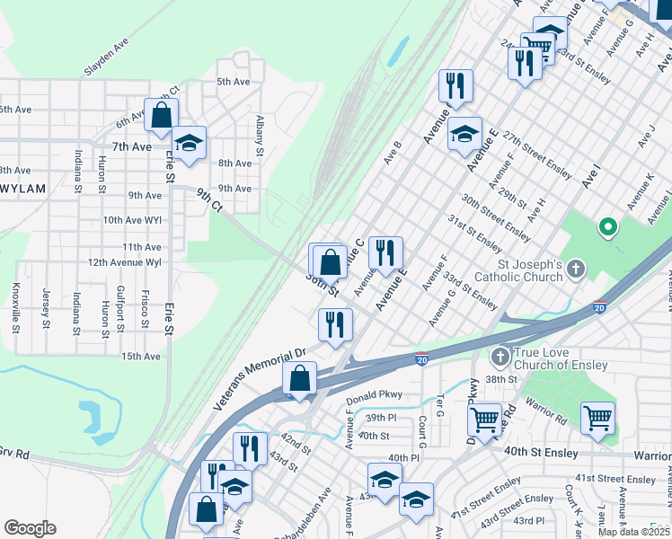 map of restaurants, bars, coffee shops, grocery stores, and more near 3510 Avenue C in Birmingham