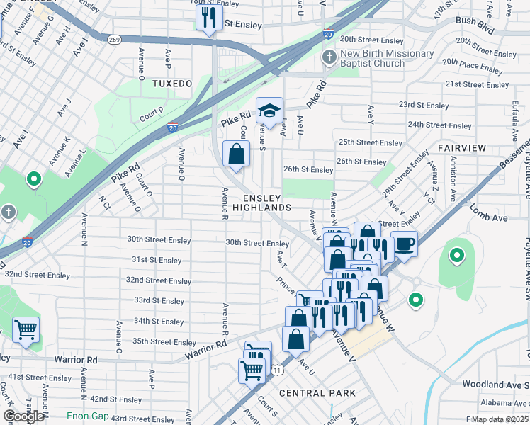 map of restaurants, bars, coffee shops, grocery stores, and more near 2802 Ensley 5 Points West Avenue in Birmingham