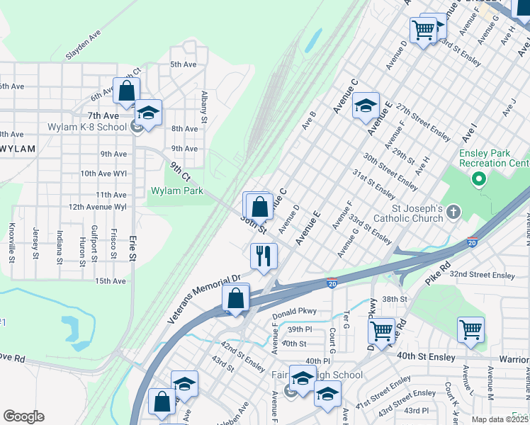 map of restaurants, bars, coffee shops, grocery stores, and more near 3510 Avenue C in Birmingham