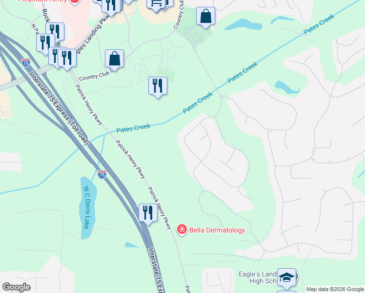 map of restaurants, bars, coffee shops, grocery stores, and more near 121 Glen Eagle Way in McDonough