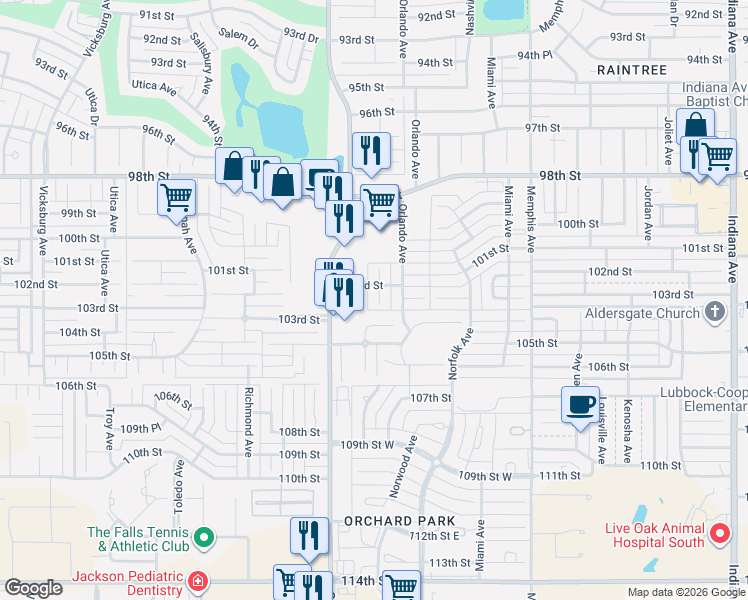 map of restaurants, bars, coffee shops, grocery stores, and more near 10203 Peoria Avenue in Lubbock