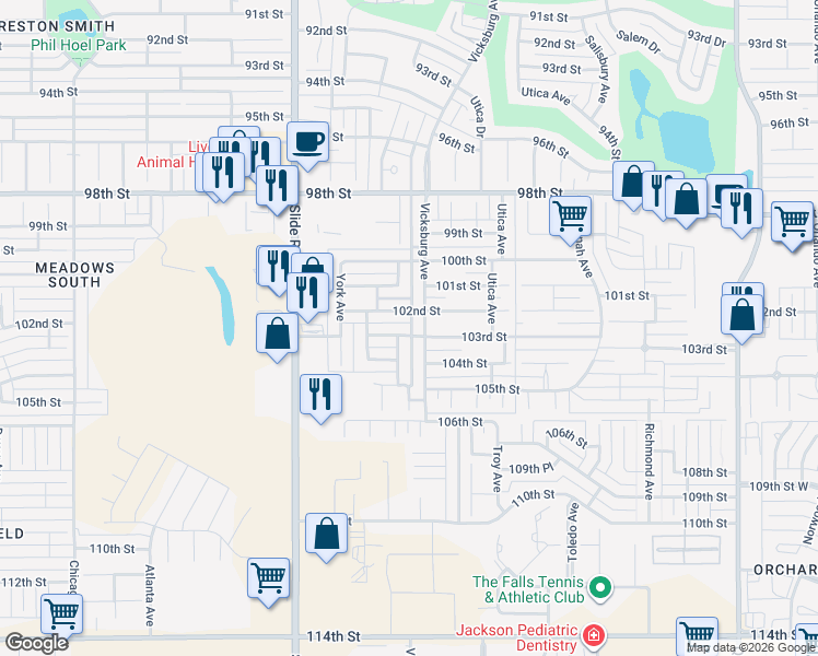 map of restaurants, bars, coffee shops, grocery stores, and more near 10204 Vicksburg Avenue in Lubbock