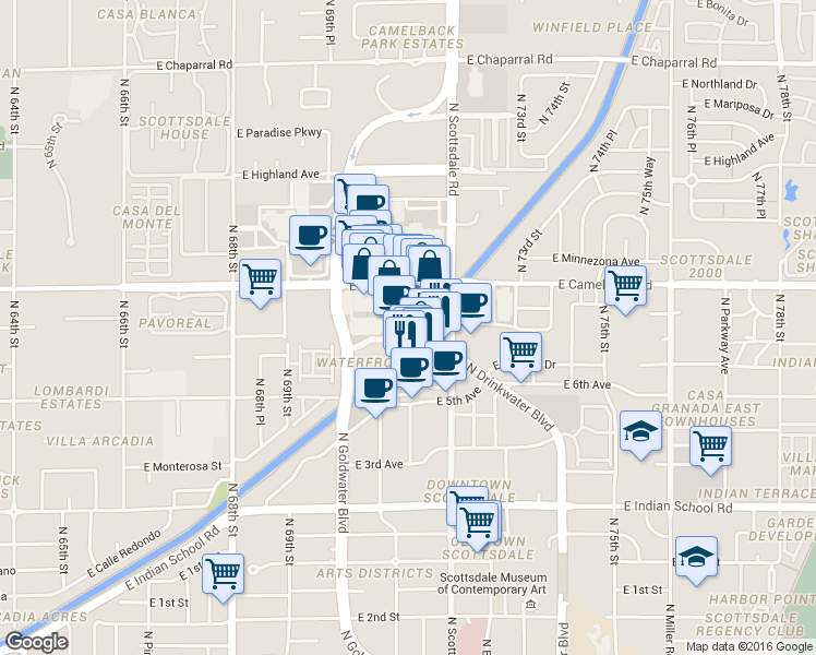 map of restaurants, bars, coffee shops, grocery stores, and more near 165 North Marshall Way in Scottsdale
