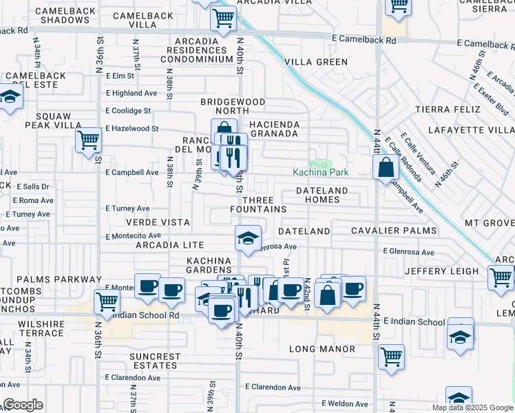 map of restaurants, bars, coffee shops, grocery stores, and more near 4401 North 40th Street in Phoenix