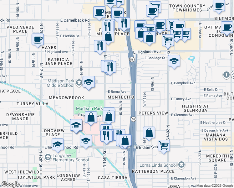 map of restaurants, bars, coffee shops, grocery stores, and more near 1645 East Roma Avenue in Phoenix