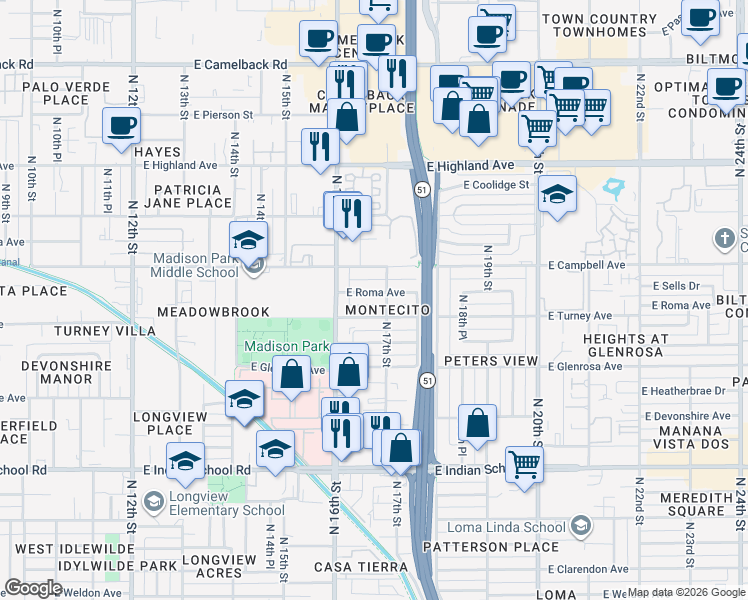 map of restaurants, bars, coffee shops, grocery stores, and more near 1645 East Roma Avenue in Phoenix