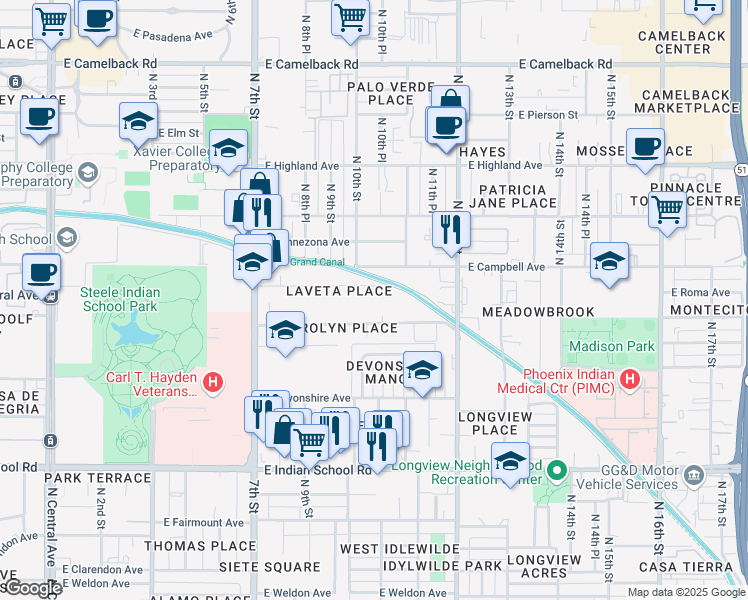 map of restaurants, bars, coffee shops, grocery stores, and more near 1007 East Roma Avenue in Phoenix