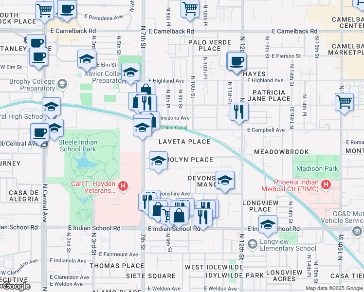 map of restaurants, bars, coffee shops, grocery stores, and more near 913 East Roma Avenue in Phoenix