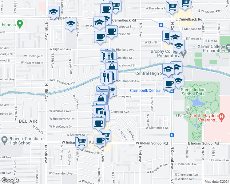 map of restaurants, bars, coffee shops, grocery stores, and more near 613 West Roma Avenue in Phoenix