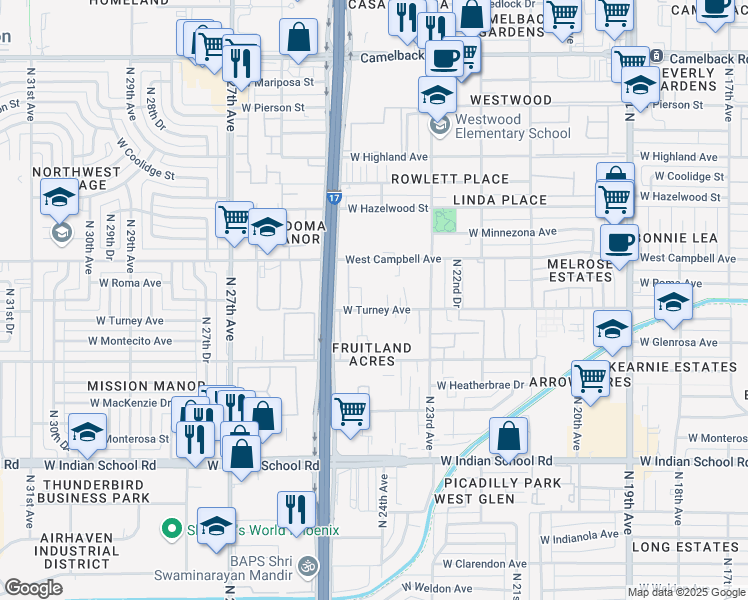 map of restaurants, bars, coffee shops, grocery stores, and more near 2432 West Turney Avenue in Phoenix