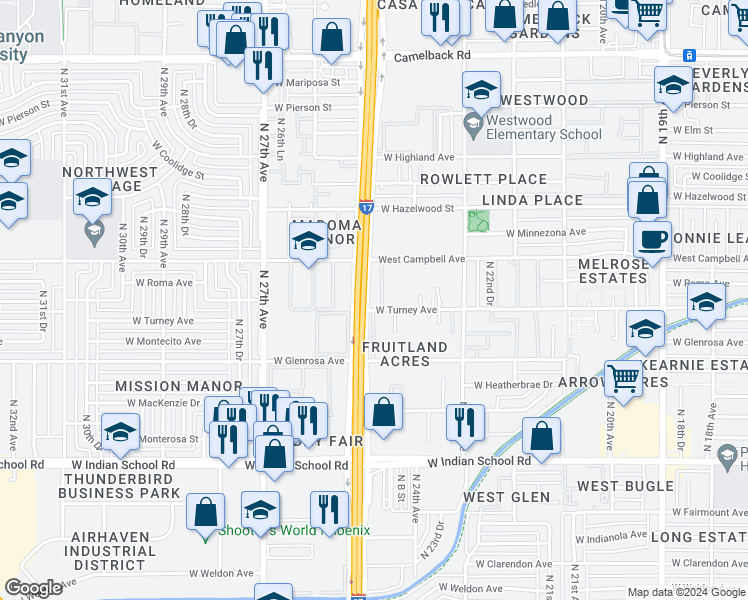 map of restaurants, bars, coffee shops, grocery stores, and more near 4410 North Black Canyon Highway in Phoenix