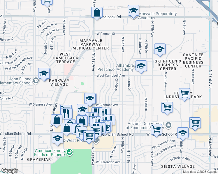 map of restaurants, bars, coffee shops, grocery stores, and more near 4423 North 50th Drive in Phoenix