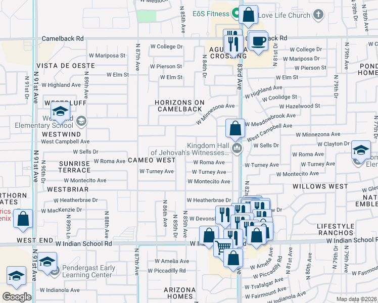 map of restaurants, bars, coffee shops, grocery stores, and more near 4435 North 85th Avenue in Phoenix