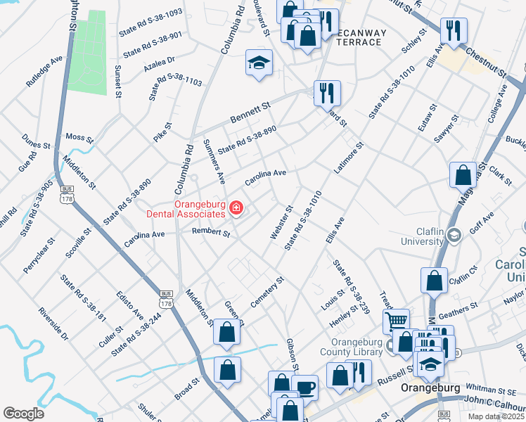 map of restaurants, bars, coffee shops, grocery stores, and more near 885 Holly Street in Orangeburg