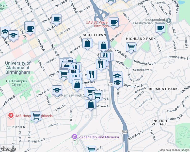 map of restaurants, bars, coffee shops, grocery stores, and more near 2171 11th Court South in Birmingham