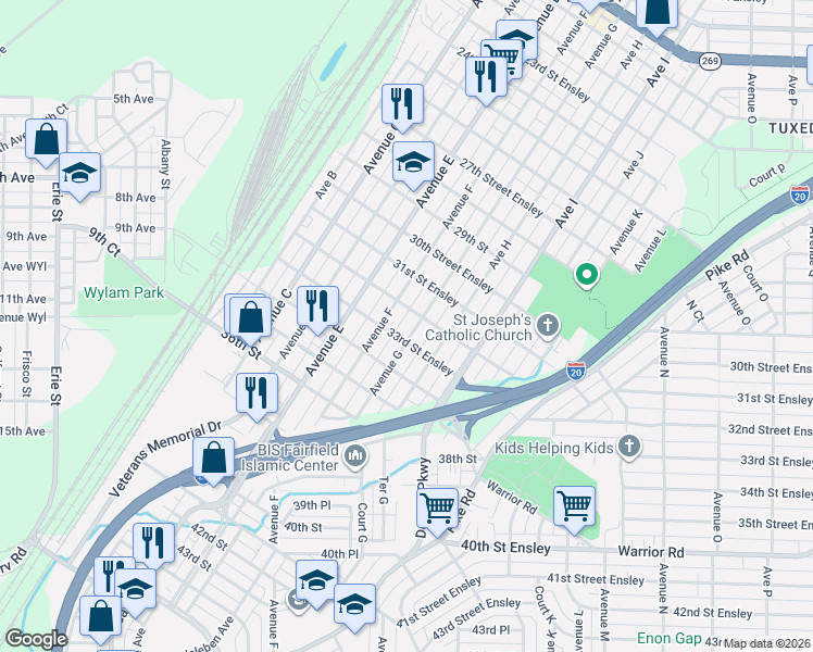 map of restaurants, bars, coffee shops, grocery stores, and more near Avenue H Alley South in Birmingham