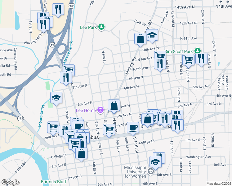 map of restaurants, bars, coffee shops, grocery stores, and more near 515 Military Road in Columbus