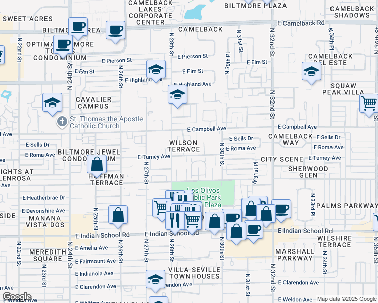 map of restaurants, bars, coffee shops, grocery stores, and more near 2832 East Turney Avenue in Phoenix