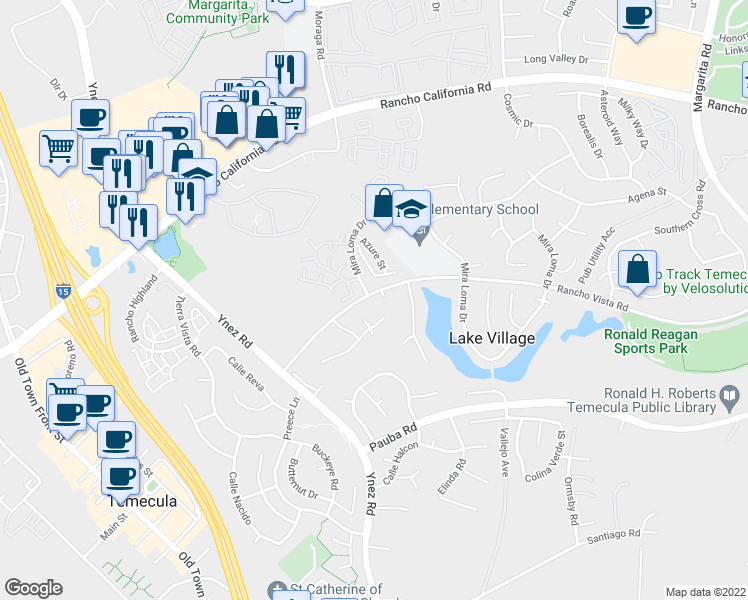 map of restaurants, bars, coffee shops, grocery stores, and more near 42701 Vía Del Campo in Temecula
