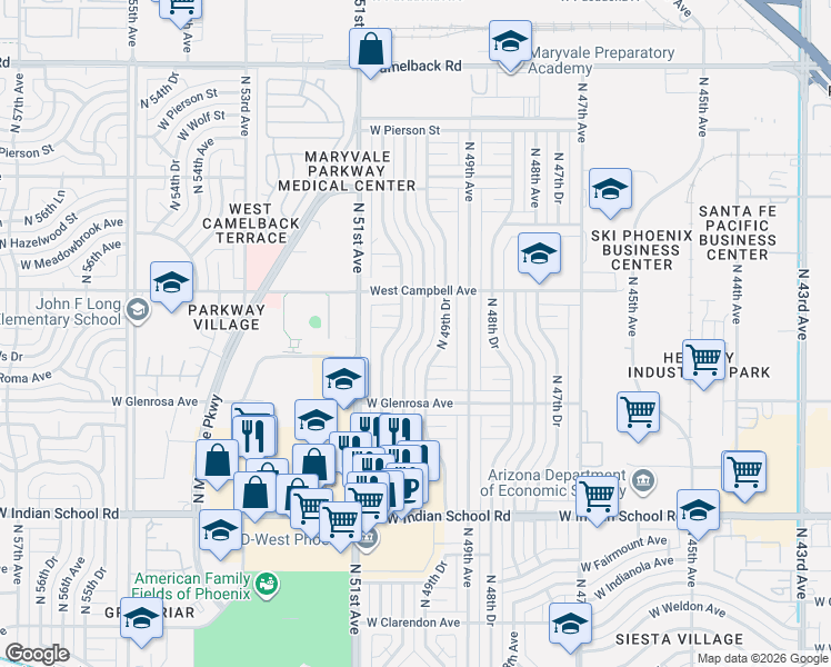 map of restaurants, bars, coffee shops, grocery stores, and more near 4423 North 50th Drive in Phoenix