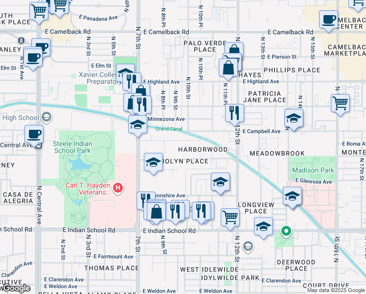 map of restaurants, bars, coffee shops, grocery stores, and more near 945 East Roma Avenue in Phoenix