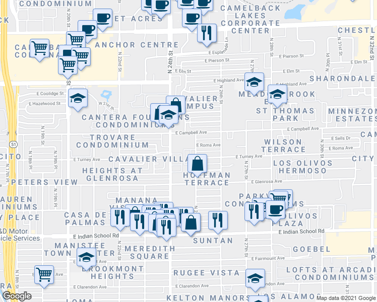 map of restaurants, bars, coffee shops, grocery stores, and more near 4448 North 24th Way in Phoenix
