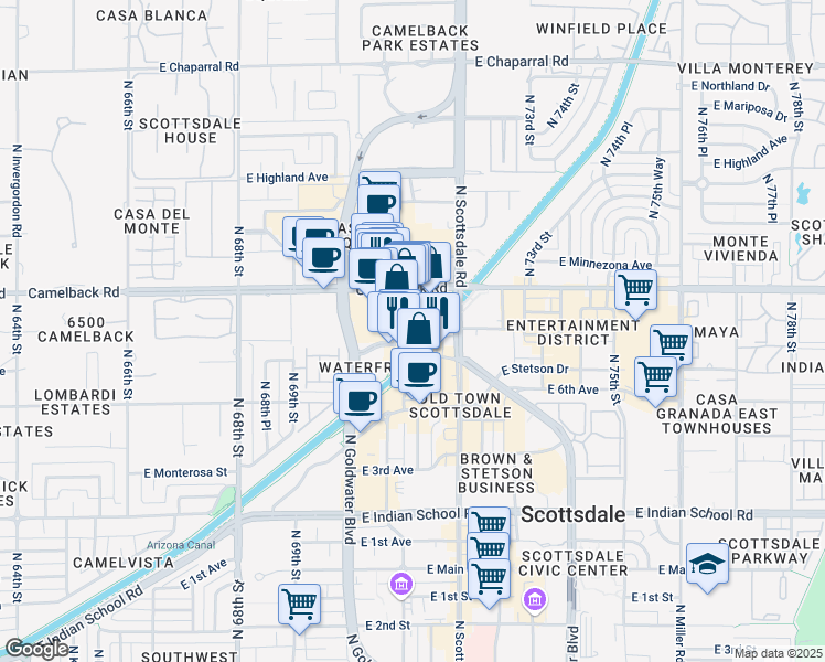 map of restaurants, bars, coffee shops, grocery stores, and more near 165 North Marshall Way in Scottsdale