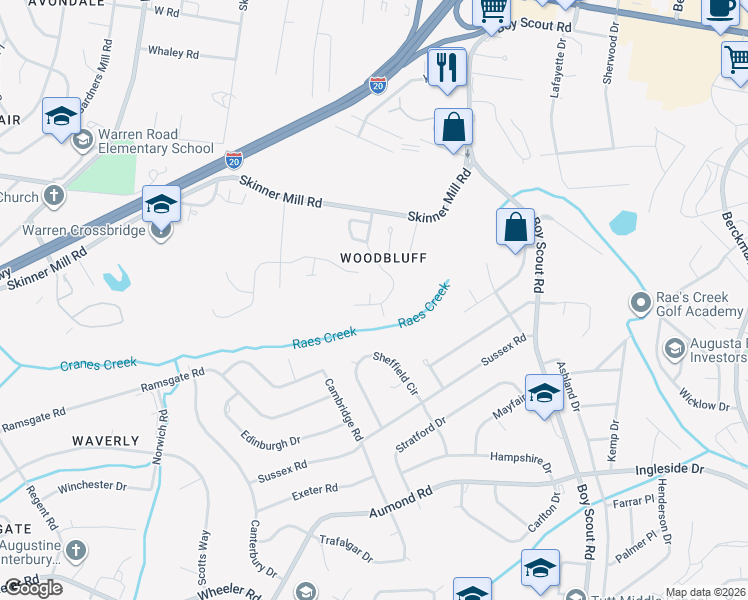 map of restaurants, bars, coffee shops, grocery stores, and more near 2702 Oakbluff Court in Augusta