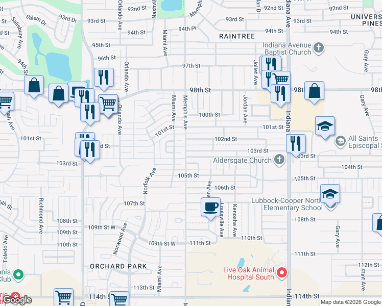 map of restaurants, bars, coffee shops, grocery stores, and more near 3802 103rd Street in Lubbock