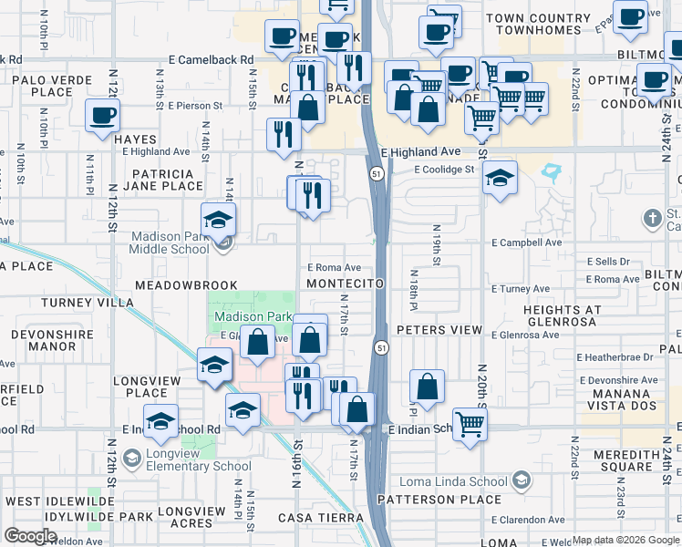 map of restaurants, bars, coffee shops, grocery stores, and more near 1645 East Roma Avenue in Phoenix