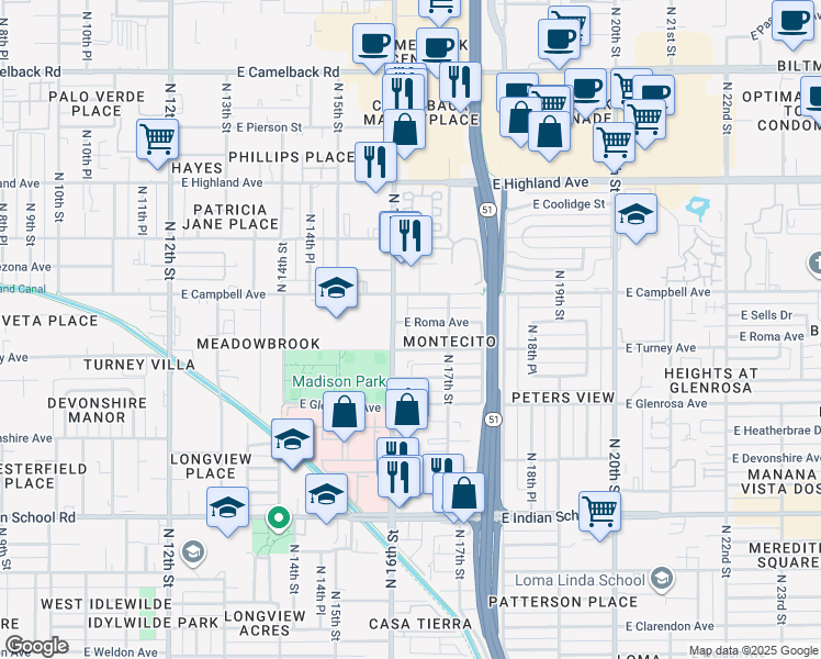 map of restaurants, bars, coffee shops, grocery stores, and more near 1615 East Roma Avenue in Phoenix