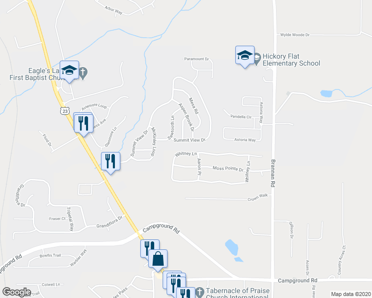 map of restaurants, bars, coffee shops, grocery stores, and more near 341 Whitney Lane in McDonough