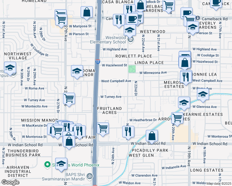 map of restaurants, bars, coffee shops, grocery stores, and more near 2342 West Turney Avenue in Phoenix