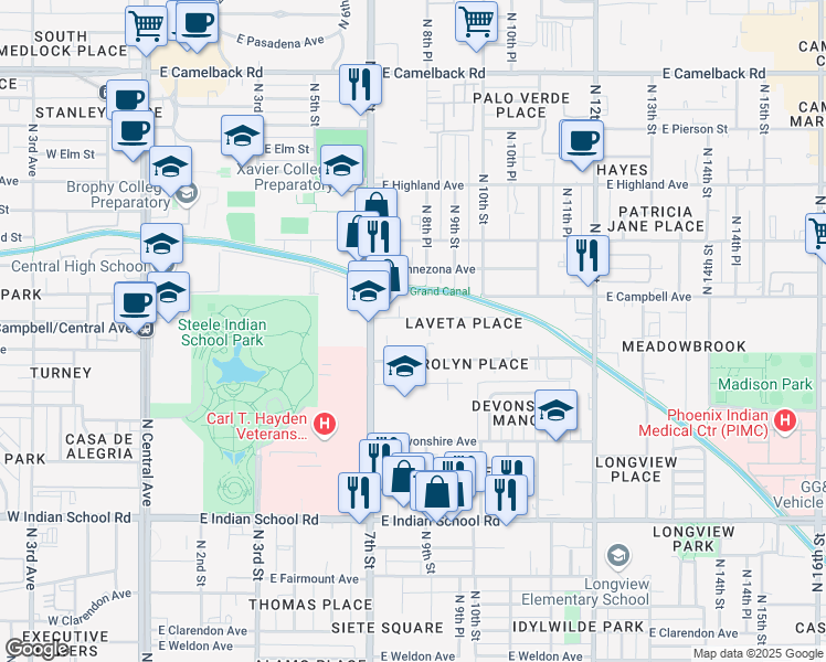 map of restaurants, bars, coffee shops, grocery stores, and more near 815 East Roma Avenue in Phoenix