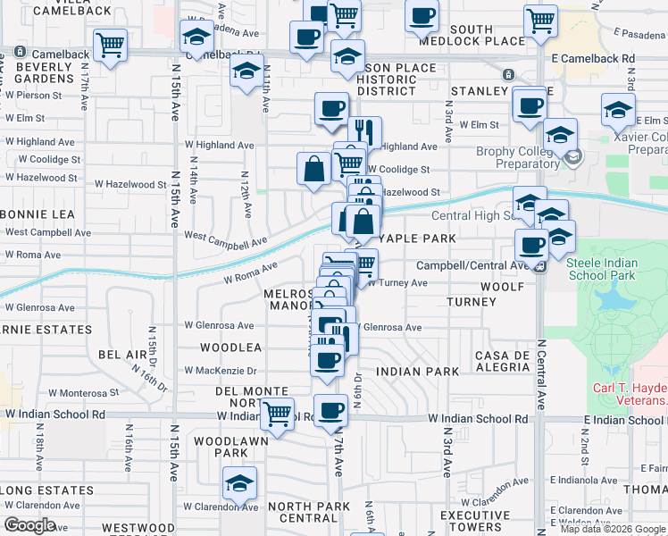 map of restaurants, bars, coffee shops, grocery stores, and more near 4422 North 7th Avenue in Phoenix