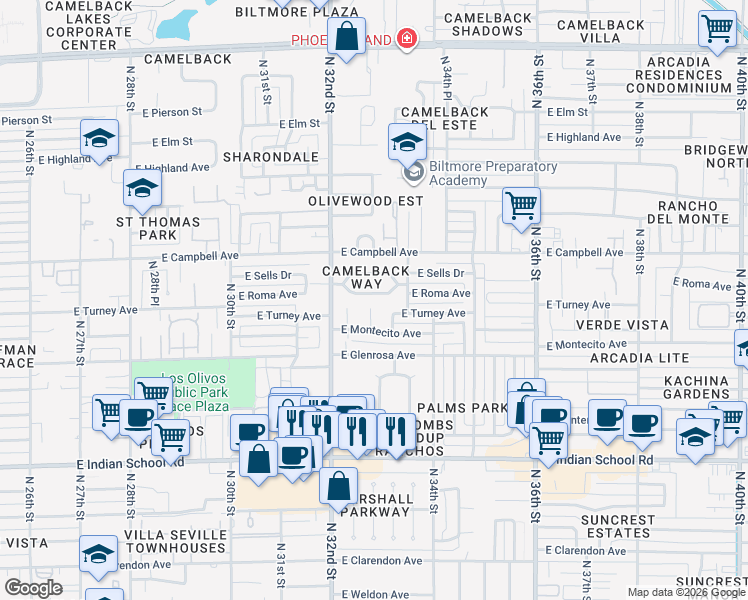 map of restaurants, bars, coffee shops, grocery stores, and more near 3241 East Roma Avenue in Phoenix