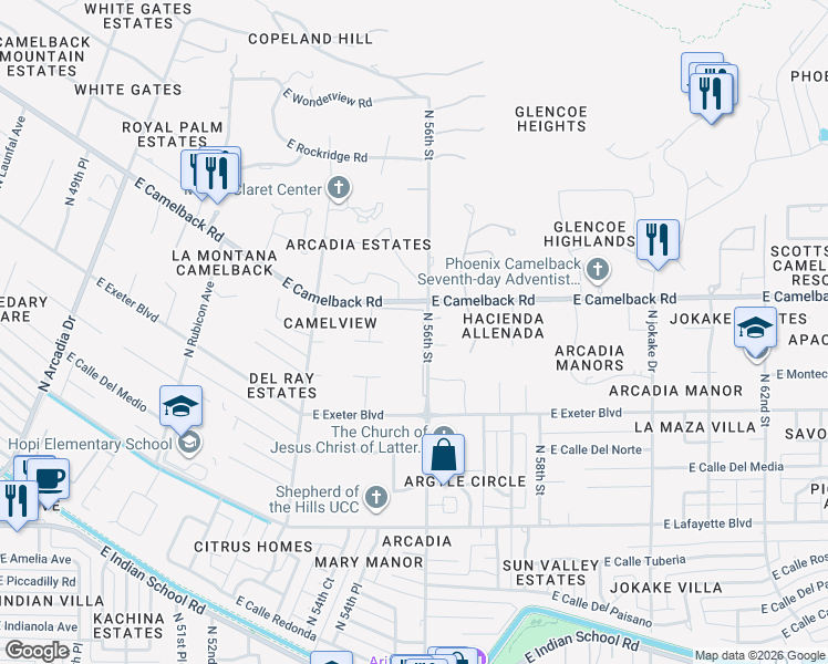map of restaurants, bars, coffee shops, grocery stores, and more near 4422 North 56th Street in Phoenix