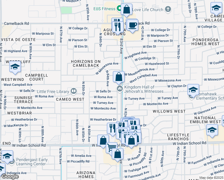 map of restaurants, bars, coffee shops, grocery stores, and more near 8328 West Sells Drive in Phoenix