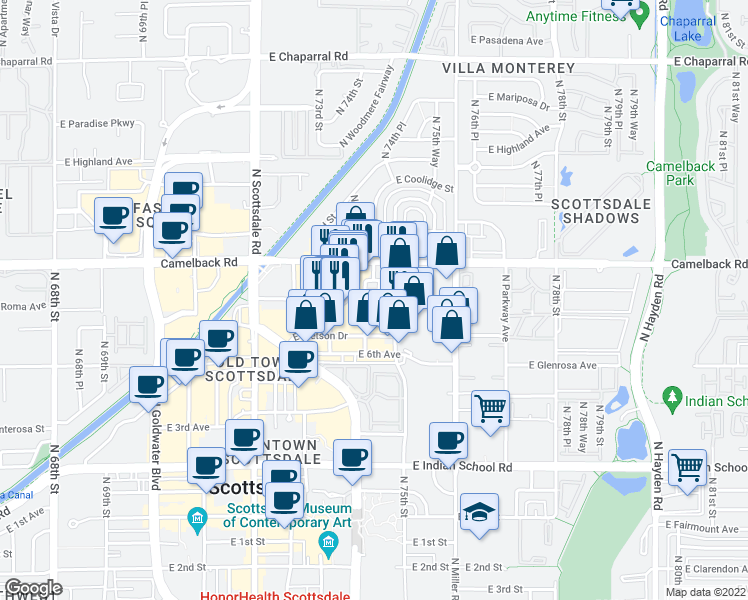 map of restaurants, bars, coffee shops, grocery stores, and more near 4415 North Civic Center Plaza in Scottsdale