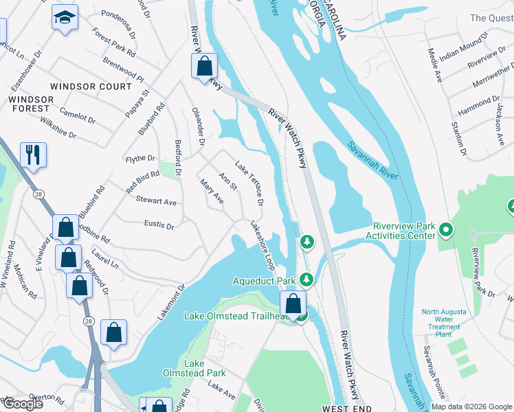 map of restaurants, bars, coffee shops, grocery stores, and more near 814 Lake Terrace Drive in Augusta