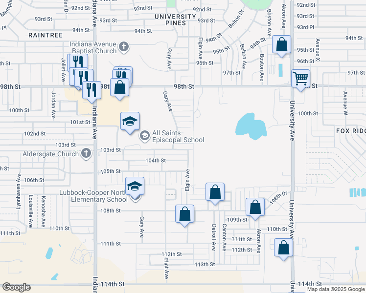 map of restaurants, bars, coffee shops, grocery stores, and more near 3010 103rd Street in Lubbock