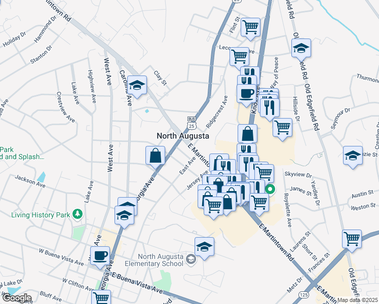 map of restaurants, bars, coffee shops, grocery stores, and more near 111 East Summit Avenue in North Augusta