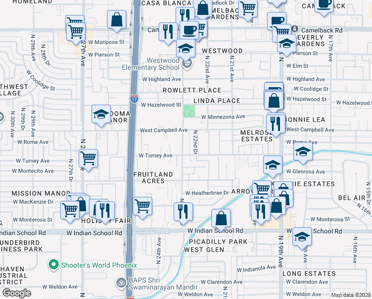 map of restaurants, bars, coffee shops, grocery stores, and more near 4430 North 23rd Avenue in Phoenix